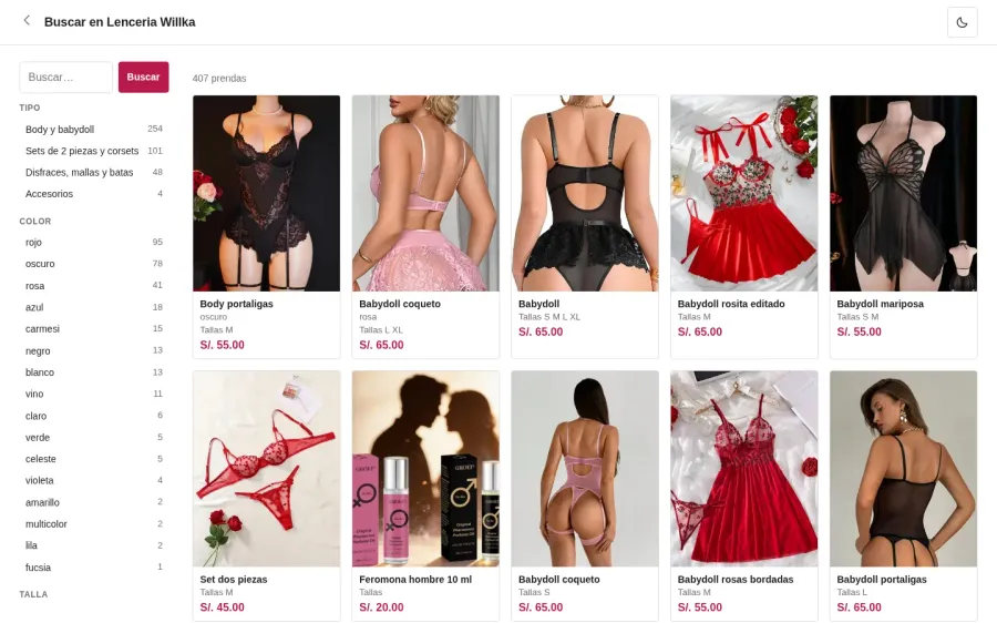 La tienda web con la columna de filtros por tipo, color y talla, y la rejilla de las 407 prendas