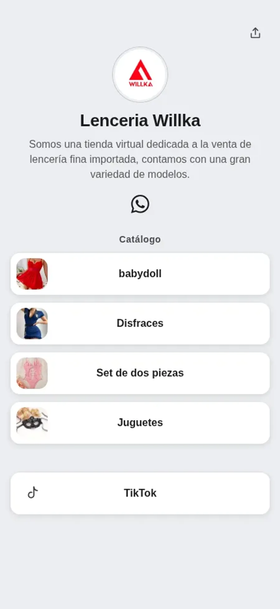 La página de enlaces de la tienda vista en un celular, con sus botones de catálogo
