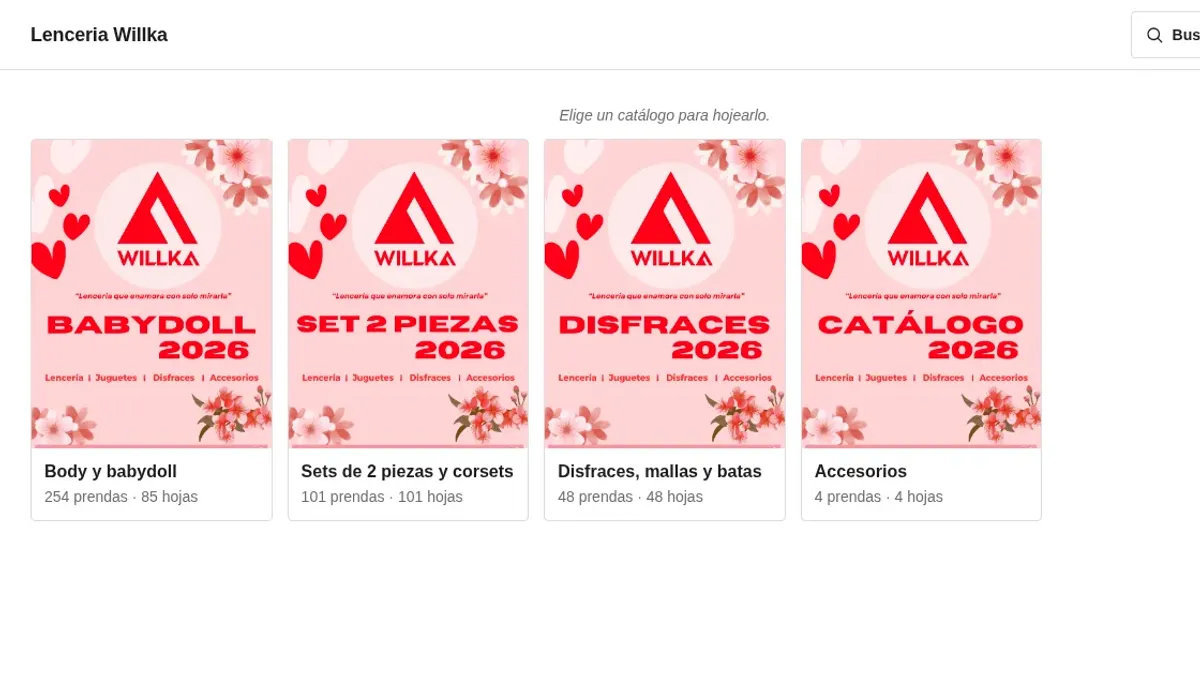 Los cuatro catálogos de la tienda, cada uno con su portada hecha en Canva y el número de prendas y hojas